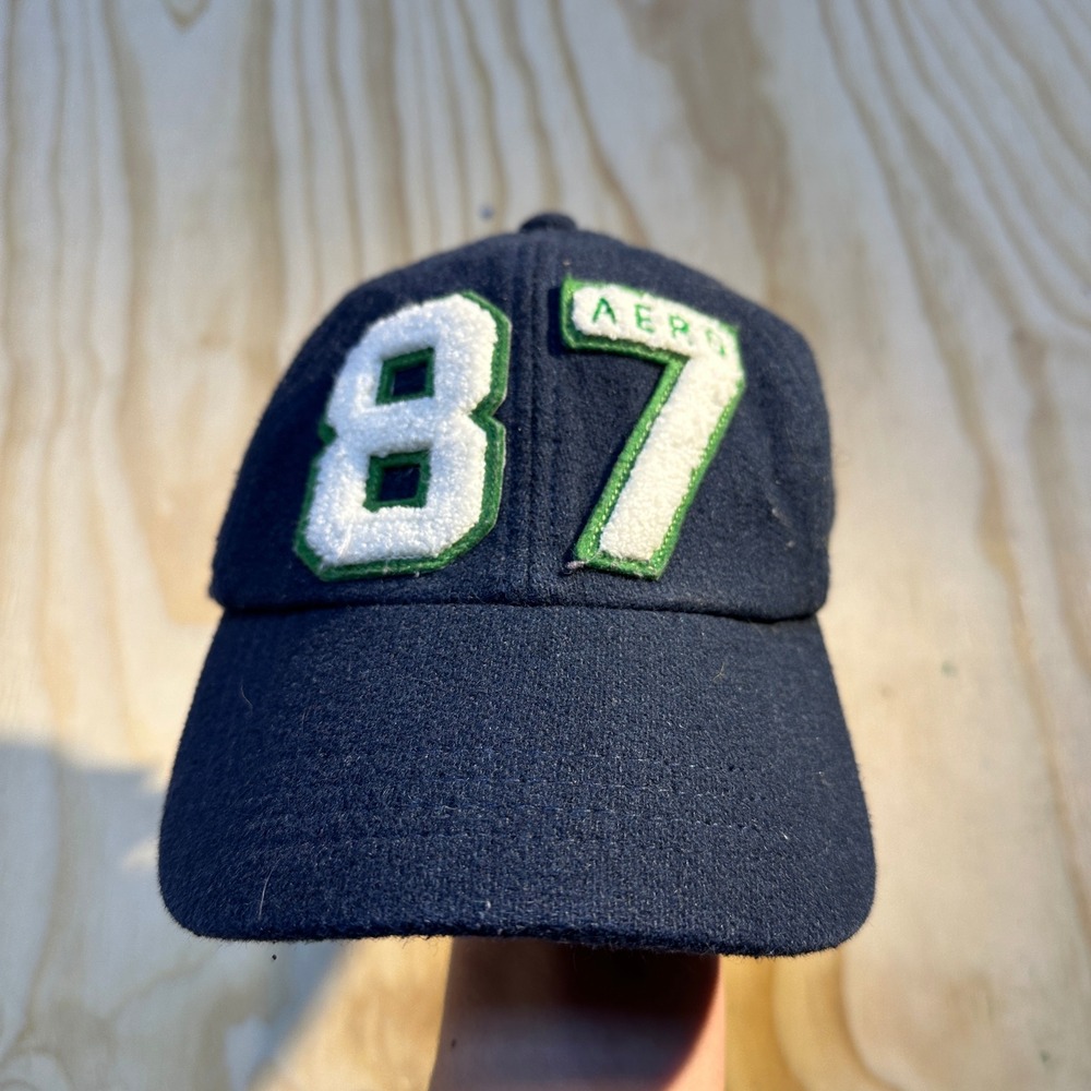 Aeropostale Mens Navy Blue Wool Blend Varsity 87 Baseball Cap Leather Strap
